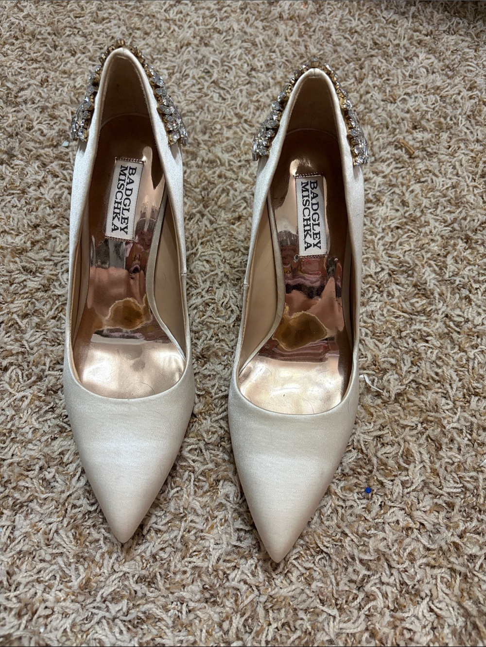 Badgley Mischka Cream Satin Pointed-Toe Pumps with Crystal Embellishment